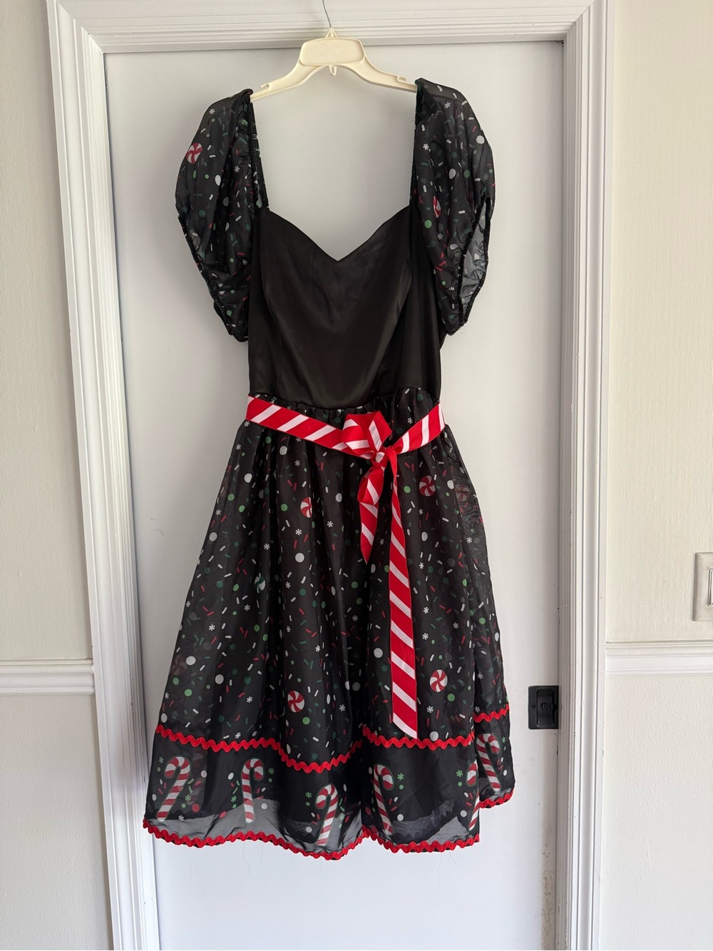 Unique Vintage Black Holiday Candy Cane Fit-and-Flare Dress